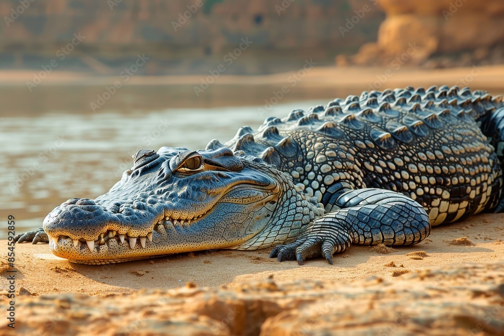 Fototapeta premium A Gharial crocodile resting on a sandy riverbank in India, its long, narrow snout filled with sharp teeth visible as it basks in the sun.