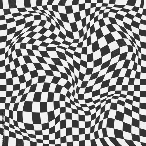Checkerboard warped pattern. Wavy surface background with geometric graphic. Abstract chess square print. Checkered psychedelic optical illusion. Y2k design for banner. Vector illustration