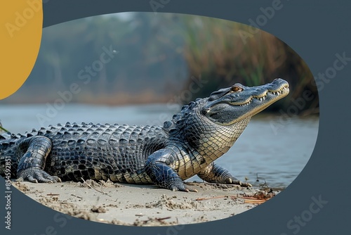 A Gharial crocodile resting on a sandy riverbank in India, its long, narrow snout filled with sharp teeth visible as it basks in the sun. photo