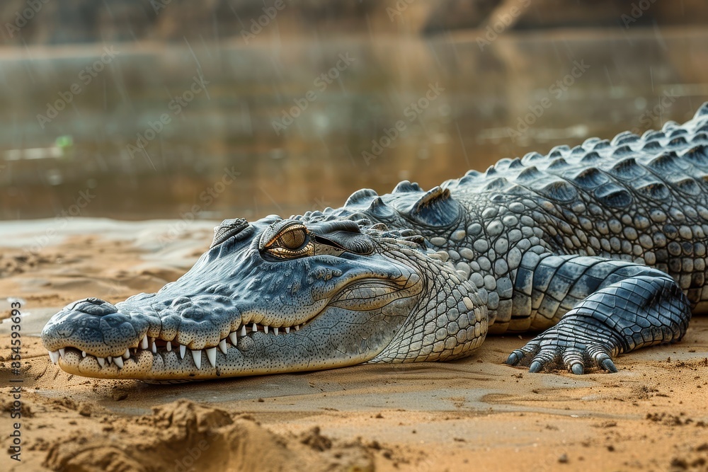 A Gharial crocodile resting on a sandy riverbank in India, its long, narrow snout filled with sharp teeth visible as it basks in the sun. A Gharial crocodile resting on a sandy riverbank in India, its long, narrow snout filled with sharp teeth visible as it basks in the sun.