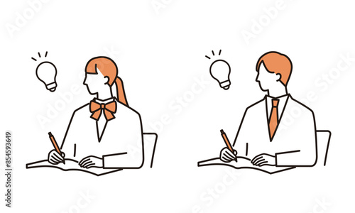 勉強でひらめく制服の学生たち