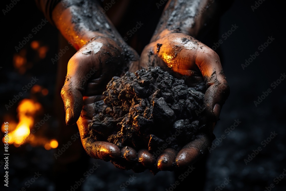 A man holds black coal in his hands close-up. A man holds black coal in his hands close-up.