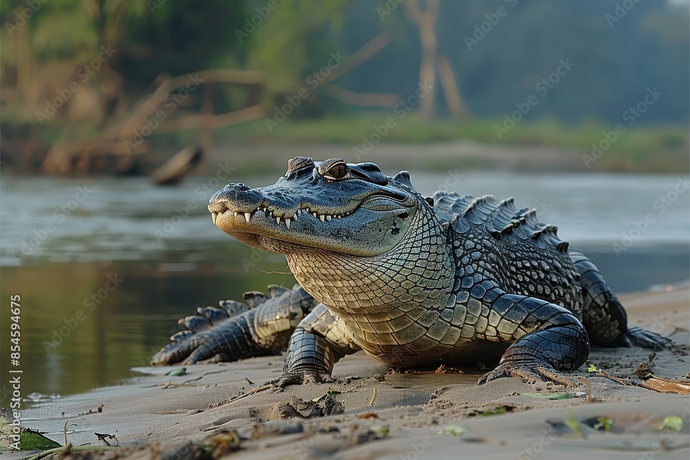Obraz premium A Gharial crocodile resting on a sandy riverbank in India, its long, narrow snout filled with sharp teeth visible as it basks in the sun.