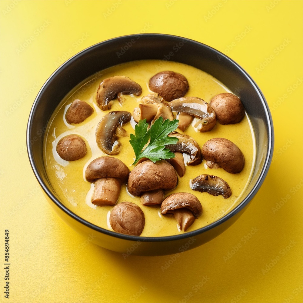 Fototapeta premium Indian cuisine mushroom masala curry on yellow background