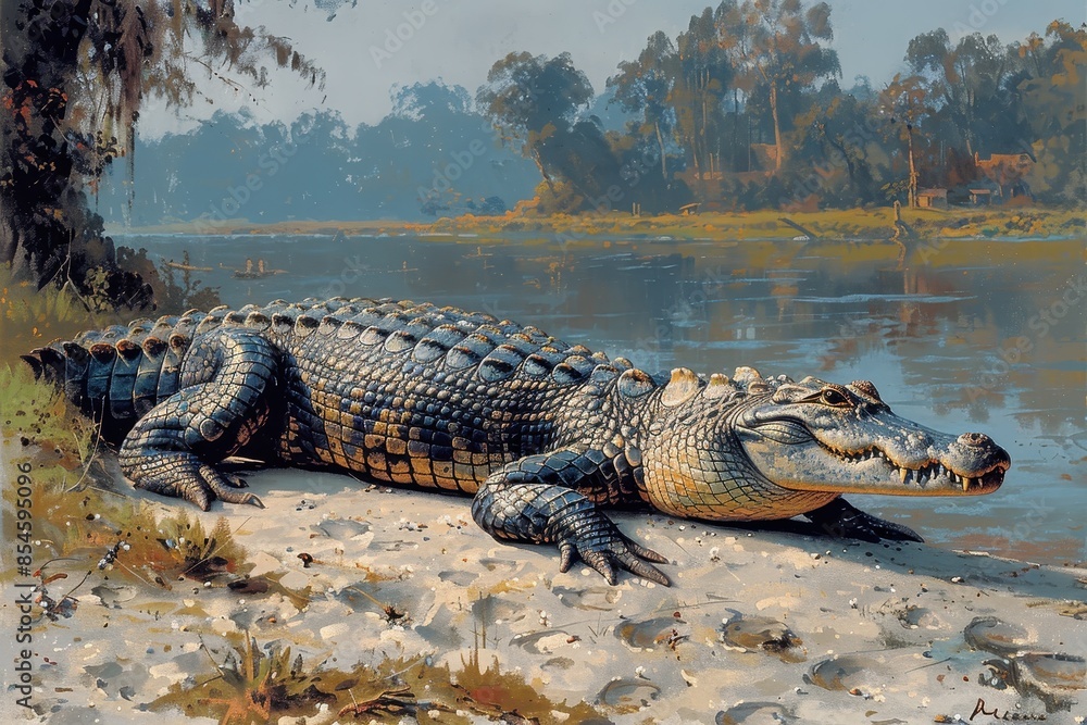 Obraz premium A Gharial crocodile resting on a sandy riverbank in India, its long, narrow snout filled with sharp teeth visible as it basks in the sun.
