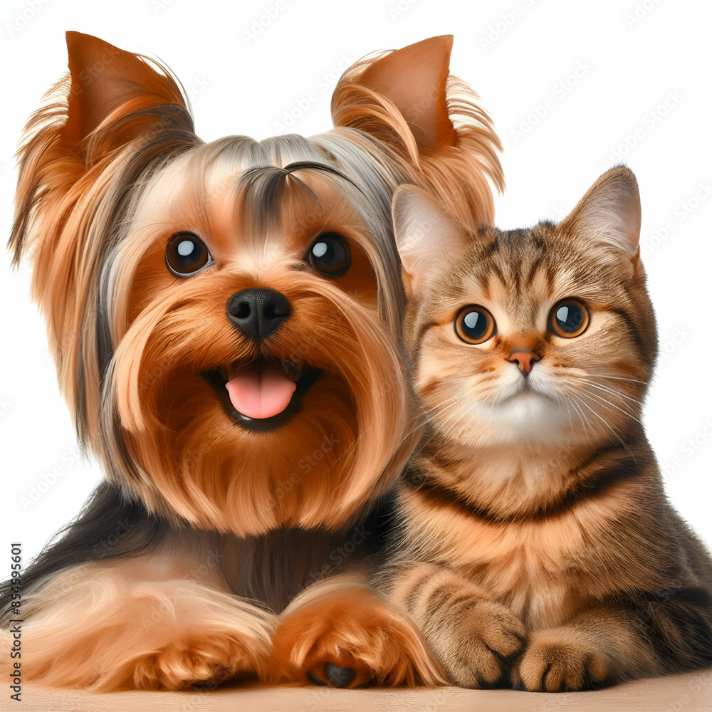 Perro y gato sentados mirando a cámara aislados sobre fondo blanco Perro y gato sentados mirando a cámara aislados sobre fondo blanco