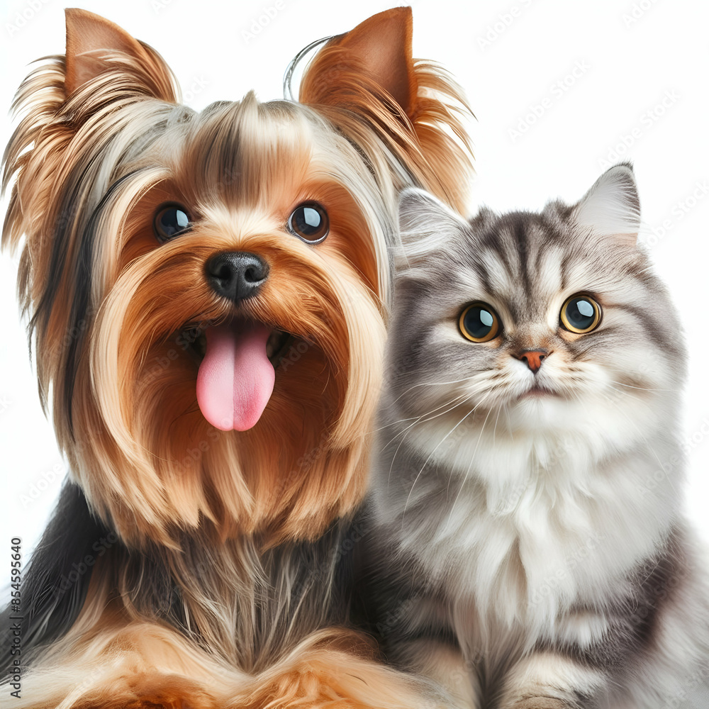 Perro y gato sentados mirando a cámara aislados sobre fondo blanco Perro y gato sentados mirando a cámara aislados sobre fondo blanco