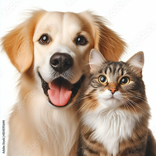 Perro y gato sentados mirando a cámara aislados sobre fondo blanco