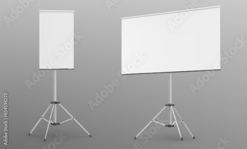 Set of whiteboards on tripod stands isolated on background. Vector realistic illustration of easel with blank rectangular sheet for business presentation, white flipchart mockup, projector canvas