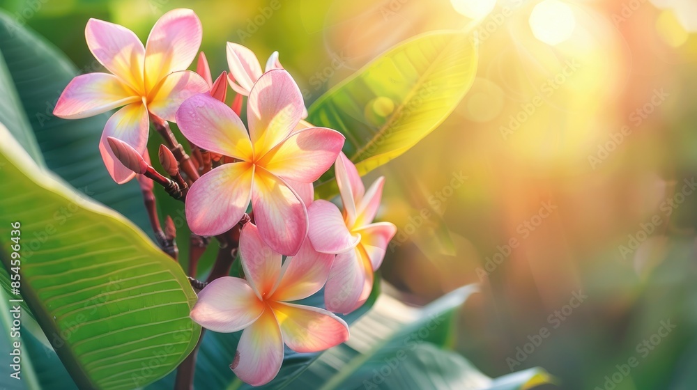 Naklejka premium Tropical tree producing Plumeria or frangipani blooms