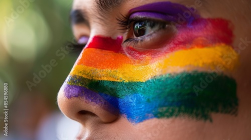 Rainbow Flag painted on face to show woman pride support