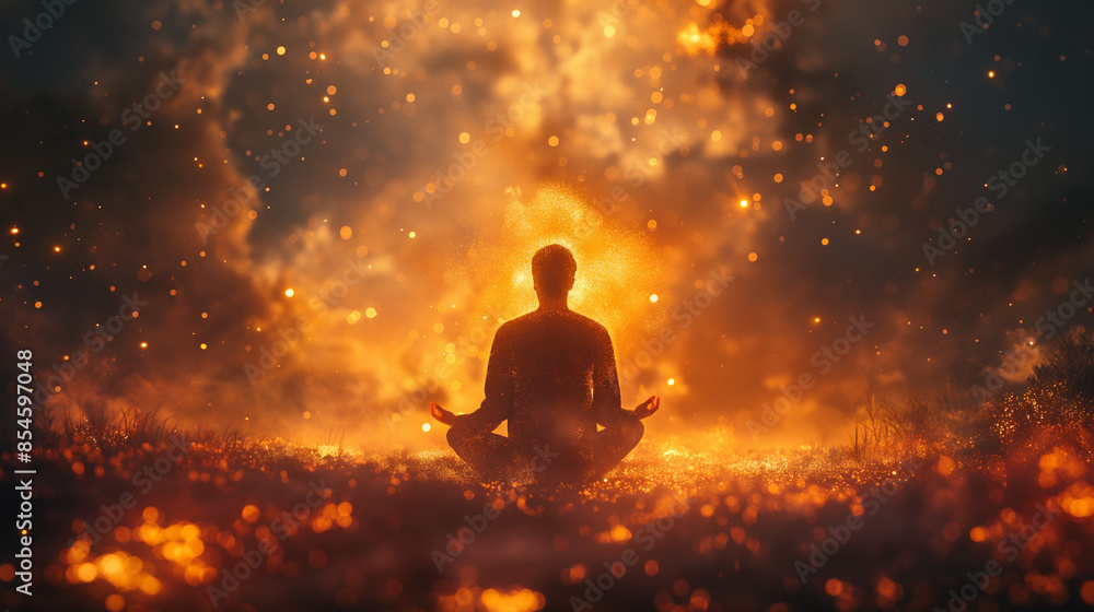 Man meditating amidst glowing sparks in a mystical environment. Tapping into the quantum field. Man meditating amidst glowing sparks in a mystical environment. Tapping into the quantum field.