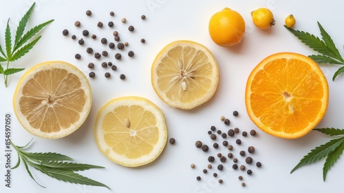Concept of Cannabis Terpene with Lemon Orange and Peppercorns on White Surface photo