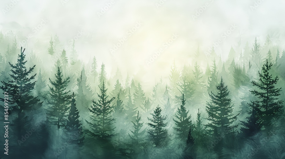 Watercolor Illustration of Sunlit Mist. Peaceful Tree Canopy. Watercolor Illustration of Sunlit Mist. Peaceful Tree Canopy.