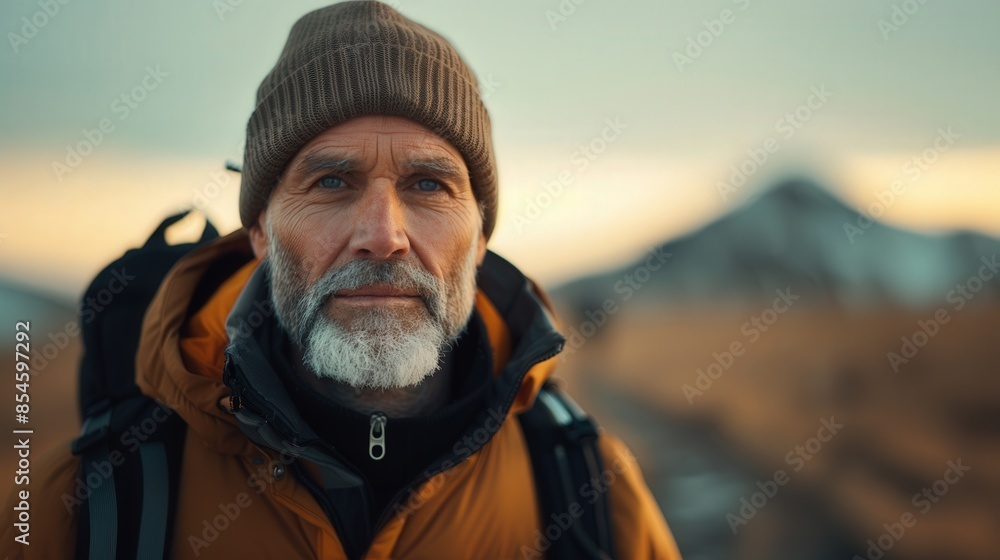 Elderly man with a beanie and backpack, hiking in a scenic mountainous area. Reflects adventure, resilience, and enjoying the great outdoors. Elderly man with a beanie and backpack, hiking in a scenic mountainous area. Reflects adventure, resilience, and enjoying the great outdoors.