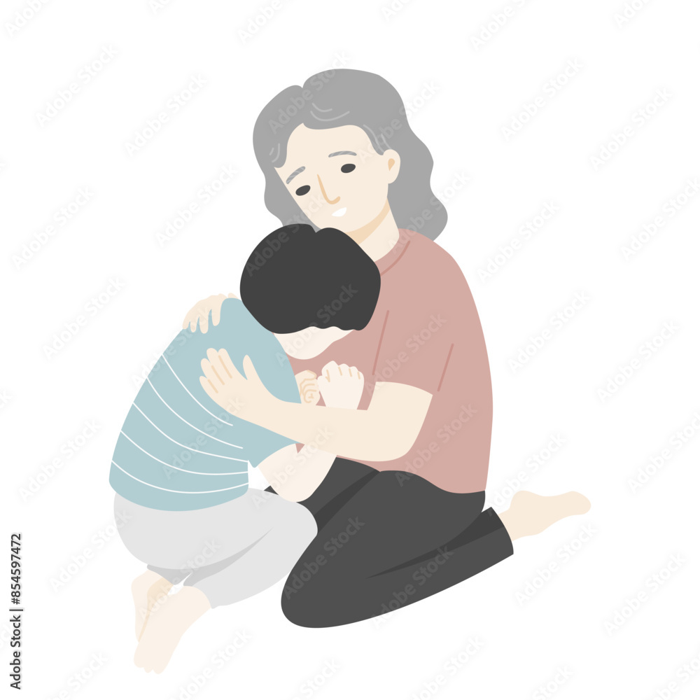 The angry boy sitting with fists and his mother embracing him. The angry boy sitting with fists and his mother embracing him.