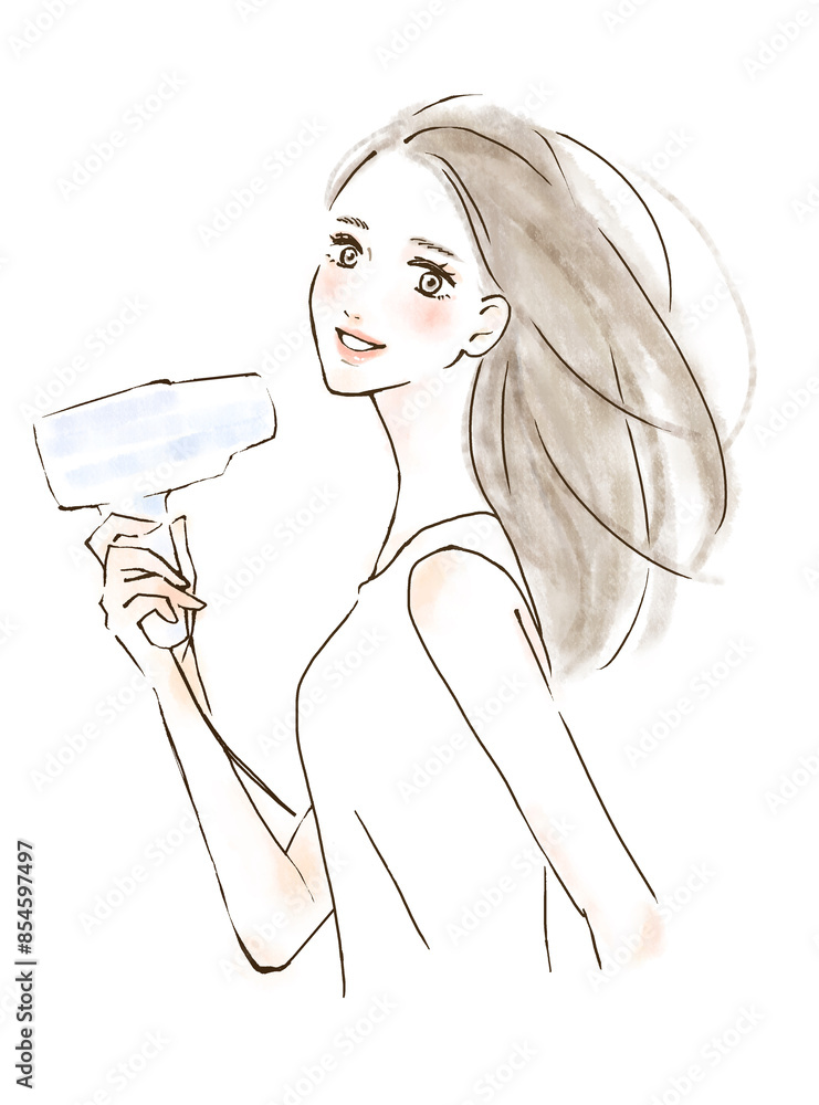 ドライヤーで髪を乾かす 人物イラスト 笑顔
