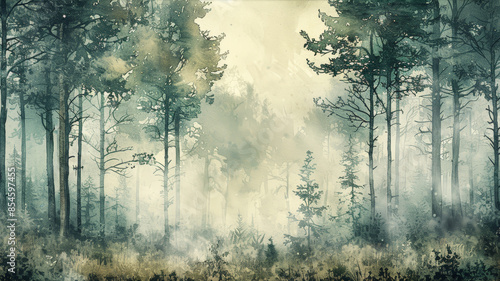 Watercolor Illustration of Forest Mist. Peaceful Nature Scene.