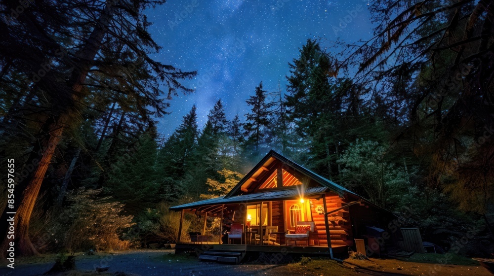 A forest cabin with a cozy outdoor seating area A forest cabin with a cozy outdoor seating area