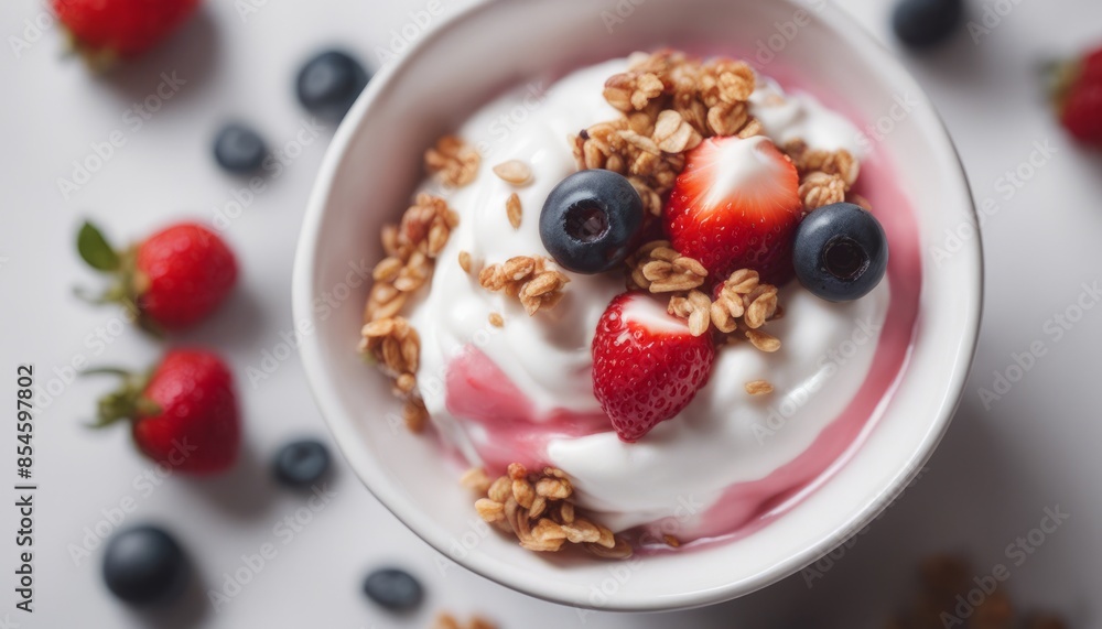 view of aesthetic Yogurt with strawberry. Plain white greek yogurt with fresh berries and granola view of aesthetic Yogurt with strawberry. Plain white greek yogurt with fresh berries and granola