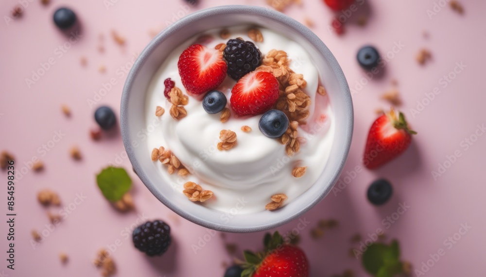 view of aesthetic Yogurt with strawberry. Plain white greek yogurt with fresh berries and granola view of aesthetic Yogurt with strawberry. Plain white greek yogurt with fresh berries and granola