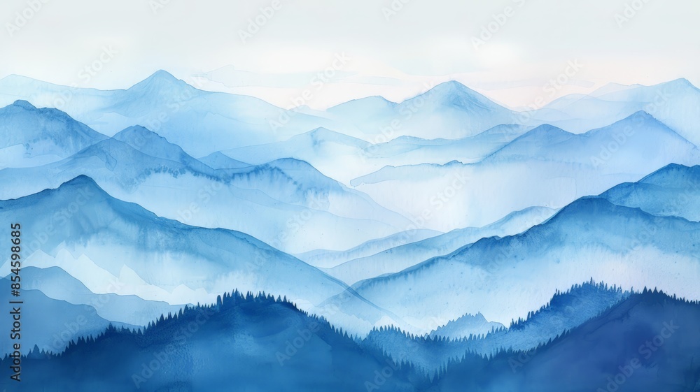 Fototapeta premium Watercolor Illustration of Blue Hues in a Mountain Sunrise. The Calm of Morning in Nature.