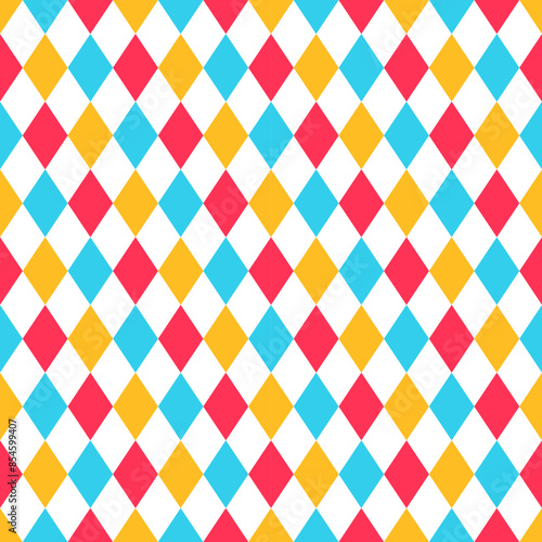 Blue red yellow rhombus seamless pattern. Circus lozenge backgrounds. Vector illustration. Checkered diamond textures. Harlequin plaid prints. Modern argyle geometric backdrops.