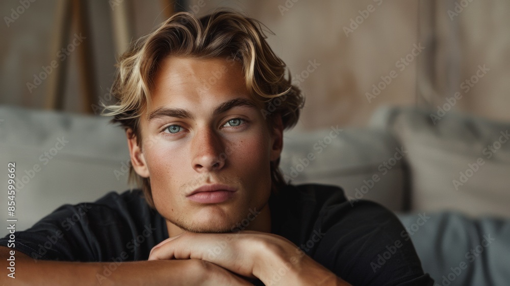Fototapeta premium Close up shot of a handsome blond man looking thoughtfully away. Men's beauty, fashion.