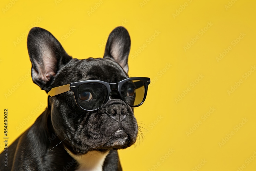 French Bulldog Wearing Sunglasses - Cool and Stylish Dog on Yellow Background French Bulldog Wearing Sunglasses - Cool and Stylish Dog on Yellow Background