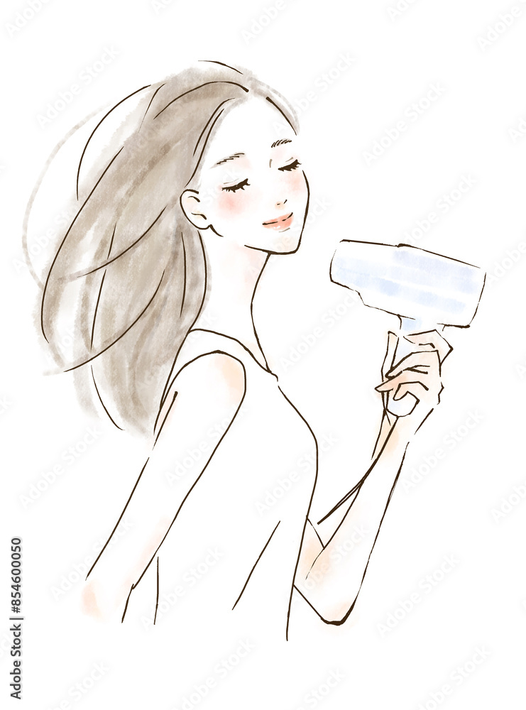 ドライヤーで髪を乾かす女性