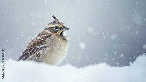 Photograph of a spectacular horned lark a high altitude bird foraging in snowy conditions