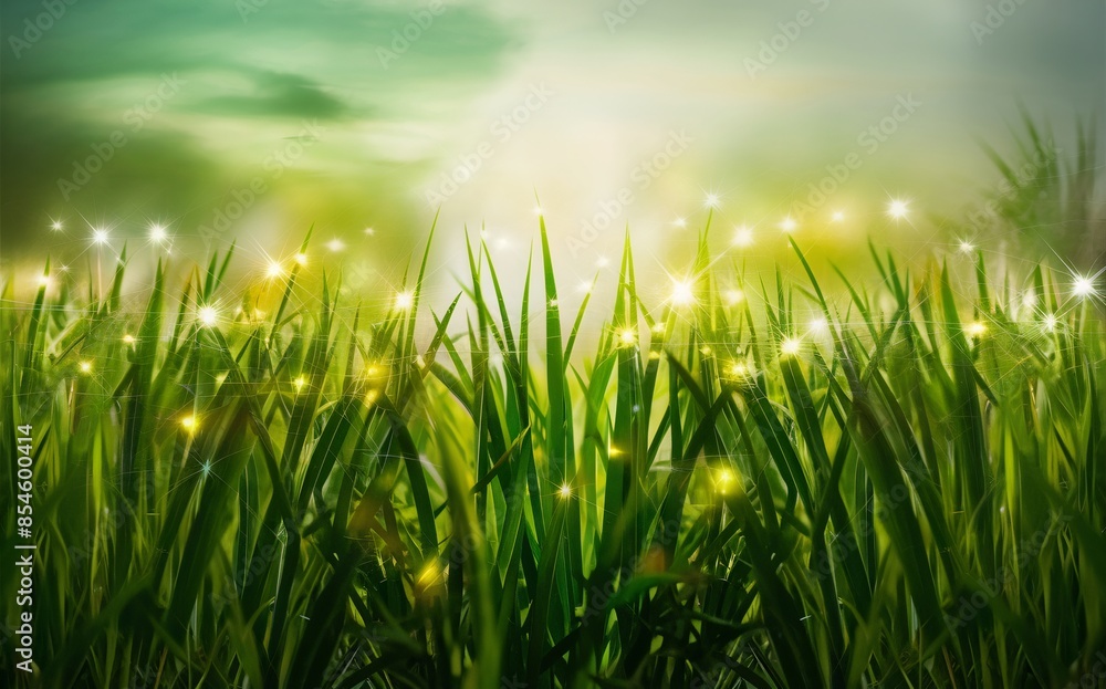 Closeup of green grass with a light effect and bokeh blur illuminated by shiny sunlight. Closeup of green grass with a light effect and bokeh blur illuminated by shiny sunlight.