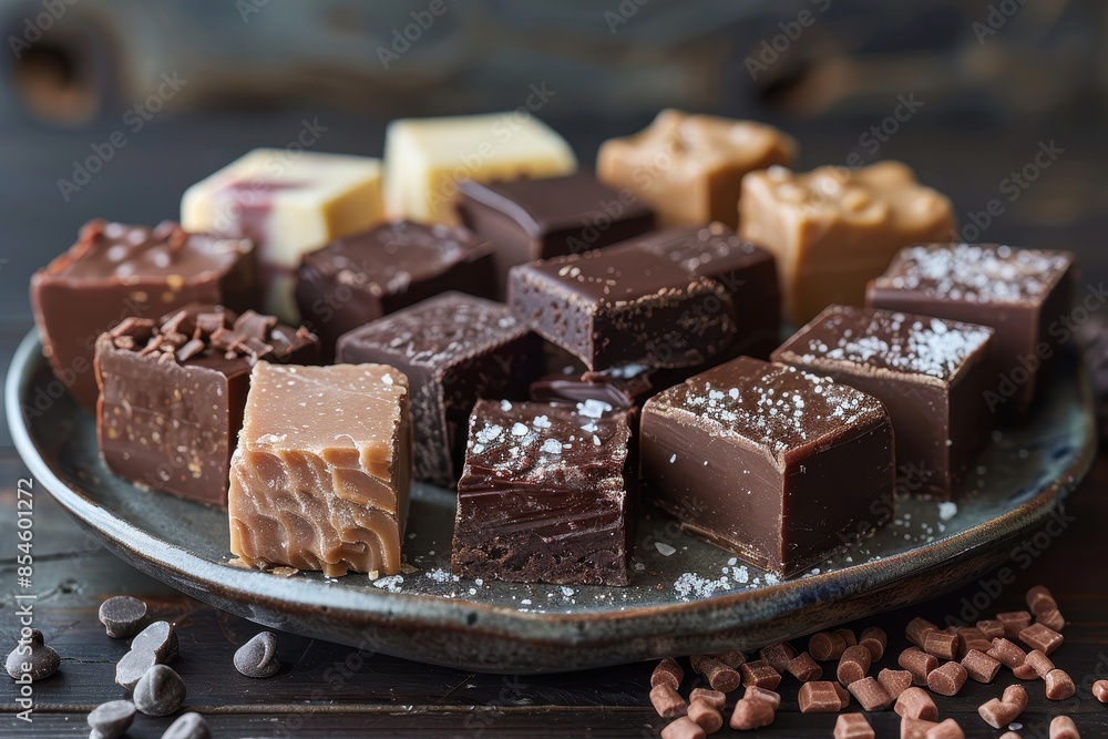 An assortment of fudge pieces in flavors like chocolate, vanilla, and peanut butter, arranged on a plate. An assortment of fudge pieces in flavors like chocolate, vanilla, and peanut butter, arranged on a plate.