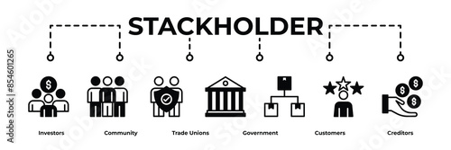 Stakeholder banner web icon outline style vector illustration concept. Containing Investors, Community, Trade Unions, Government, Suppliers, Customers and Creditors