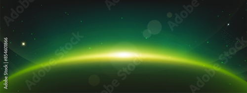 Green planet light glow eclipse in space horizon background. Abstract Earth flare realistic galaxy design. Sunrise shine halo effect. Radial cosmic meteor arch edge and outer starry night sky