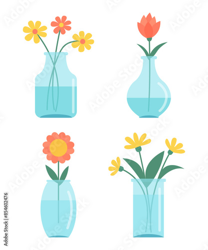 Flower in vase set. Transparent glass vases with blue water. Different flowers. Daisy, tulip, gerbera. Cute colorful icon collection. Ceramic Pottery decoration. White background. Flat design. Vector