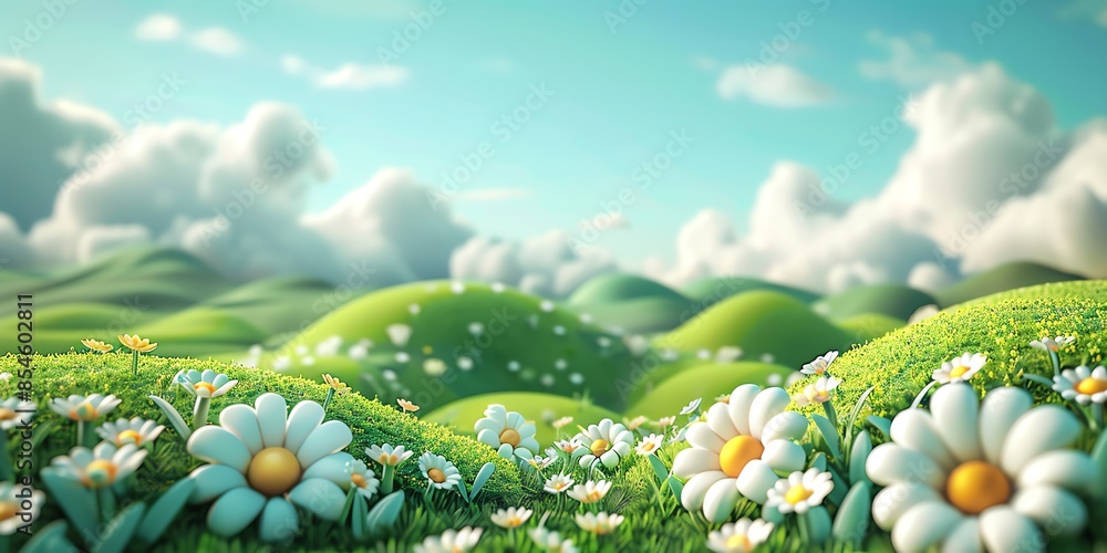 Naklejka premium 3d cartoon style, photographic background for children, green hills with small flowers, the sky is blue and there are small white clouds, light delicate, pastel colors, 2:1, landingpage