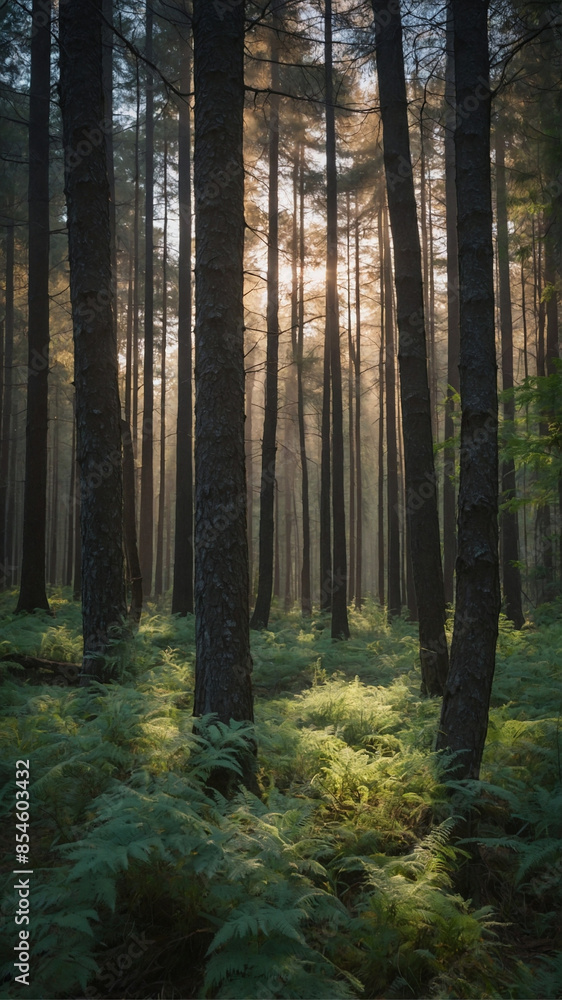 Sunbeams streaming through a lush forest Sunbeams streaming through a lush forest