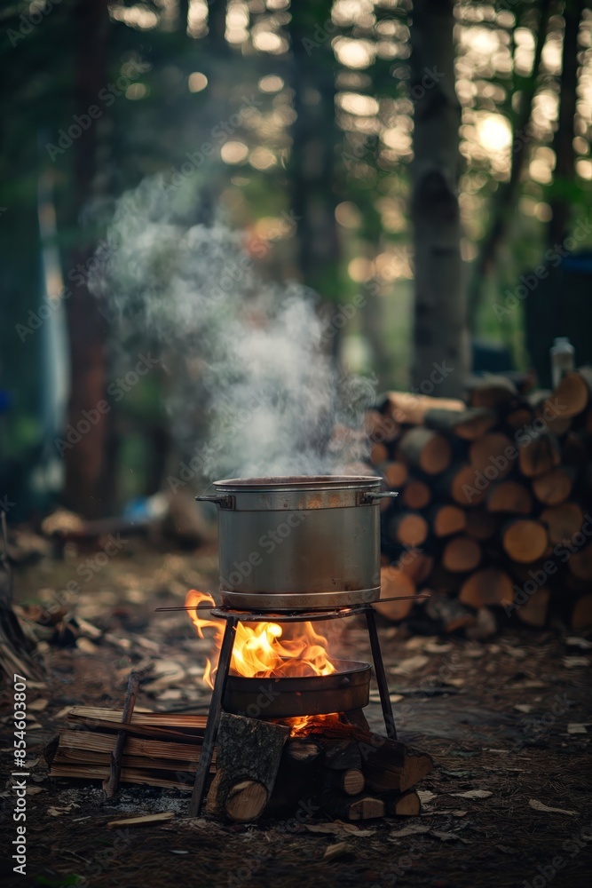 A cooking pot on a campfire in a forest setting, emitting steam. Ideal for themes of camping, outdoor cooking, and rustic living. A cooking pot on a campfire in a forest setting, emitting steam. Ideal for themes of camping, outdoor cooking, and rustic living.