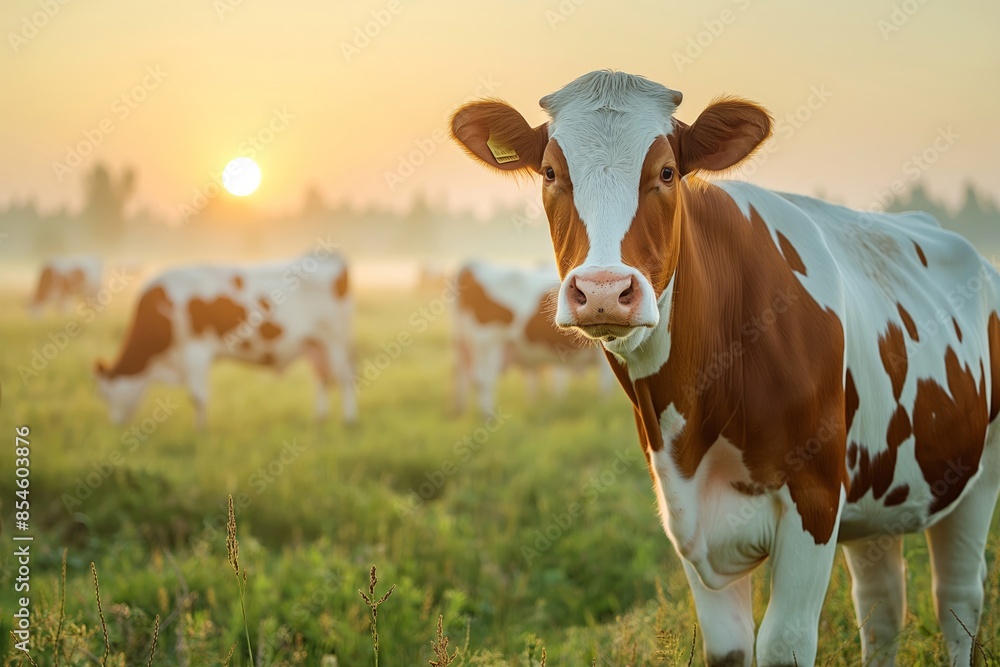 Cows in a serene field during sunrise, capturing the beauty of rural life and nature. Perfect for themes of farming, serenity, and countryside.