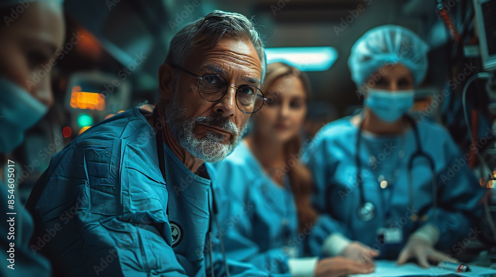 Fototapeta premium A medical team in a hospital, doctors and nurses in scrubs, consulting a patient in a well-lit, sterile room