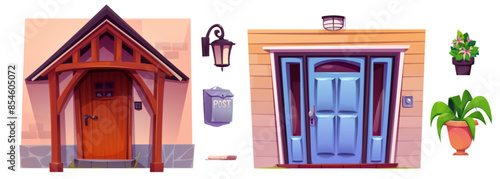 House porch with front door set isolated on white background. Vector cartoon illustration of old and modern home facades with entrance doorway, window, outdoor light, mailbox, green flower pots