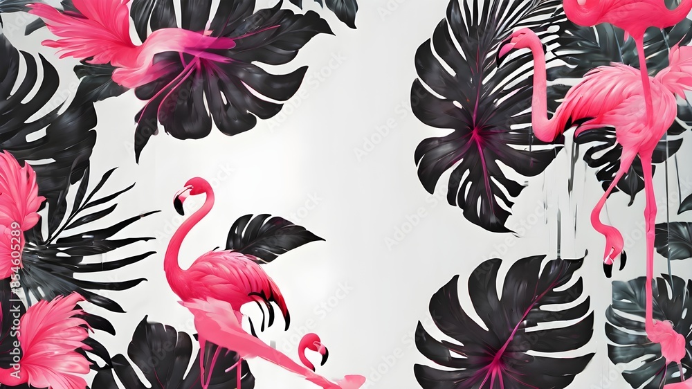 Obraz premium A group of flamingos are standing in a lush green jungle. The scene is vibrant and full of life, with the pink flamingos standing out against the green foliage. Concept of freedom and natural beauty 