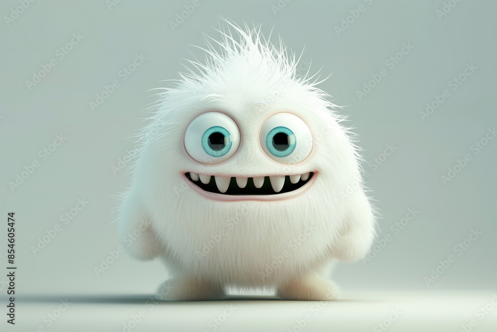 White Furry Monster with Blue Eyes - Cute and Playful Cartoon Character on Light Background White Furry Monster with Blue Eyes - Cute and Playful Cartoon Character on Light Background