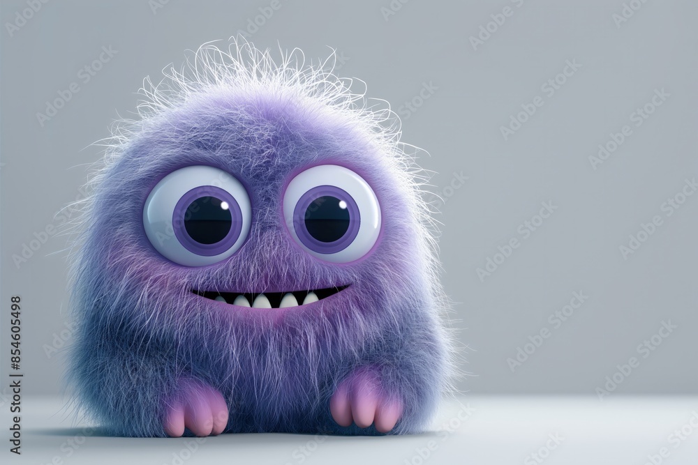 Purple Furry Monster with Big Eyes - Adorable and Curious Cartoon Character on Gray Background Purple Furry Monster with Big Eyes - Adorable and Curious Cartoon Character on Gray Background