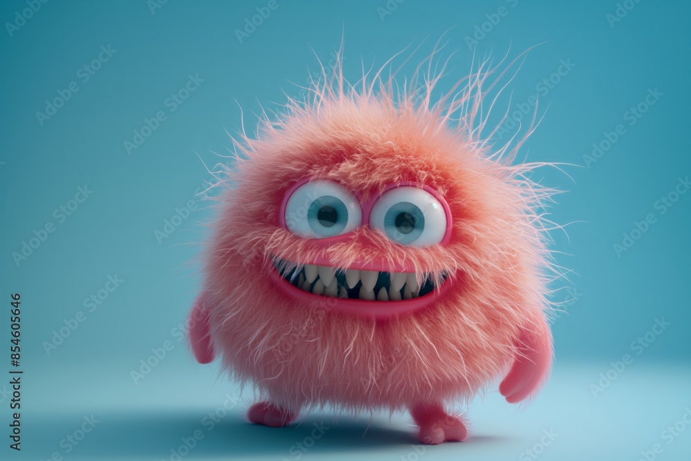 Fototapeta premium Pink Furry Monster with Big Teeth - Adorable and Playful Cartoon Character on Blue Background