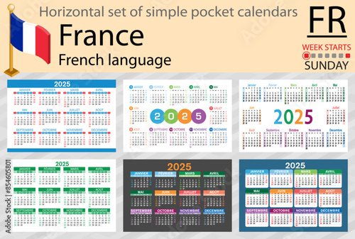 French horizontal set of pocket calendar for 2025. Week starts Sunday