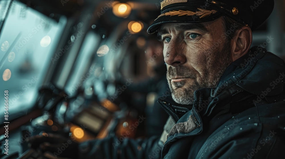 Close up view of an experienced ship captain navigating through the high seas during a fierce storm with a focus on the controls dashboard Close up view of an experienced ship captain navigating through the high seas during a fierce storm with a focus on the controls dashboard