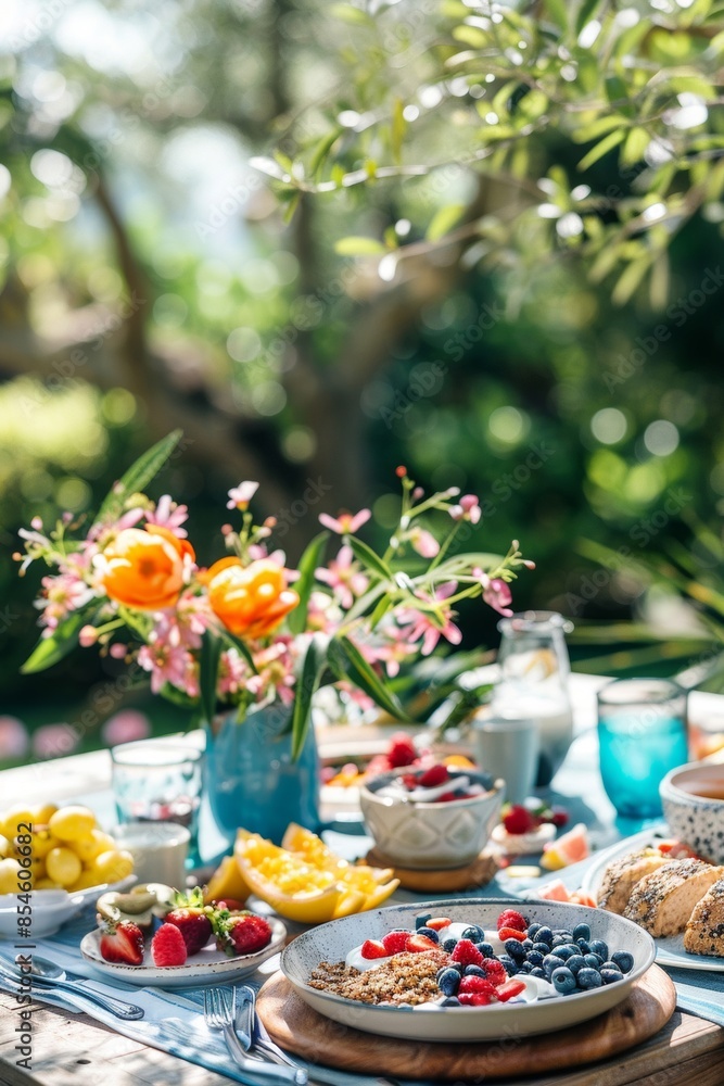 Fototapeta premium Enjoy a refreshing terrace breakfast focused on healthy eating Fresh fruits, nutritious cereals, and wholesome bread served with natural juices under the morning sun