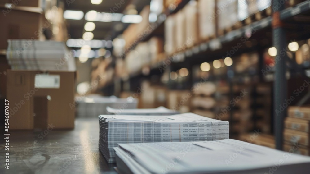 Obraz premium Warehouse Logistics Processing Shipping Invoices and Paperwork in an Office Setting with Focus on Inventory Delivery and Supply Chain